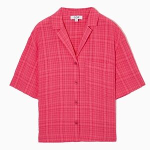 COS Men's Seersucker Camp-Collar Pink Checked Short Sleeve Button Up Medium